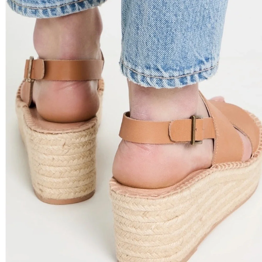 Soludos Women's Carmel Leather Wedge Espadrilles 11‎ Camel Strappy Minimalist